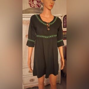 Kathmandu Green Bohemian Dress with Embroidery and Wooden Buttons Small